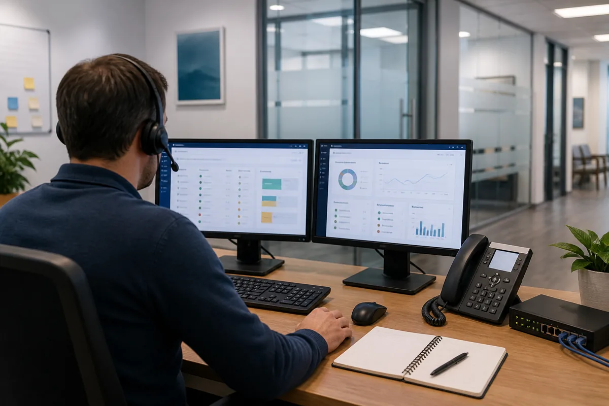 Healthcare IT support professional reviewing ticket routing and network status at an operations desk