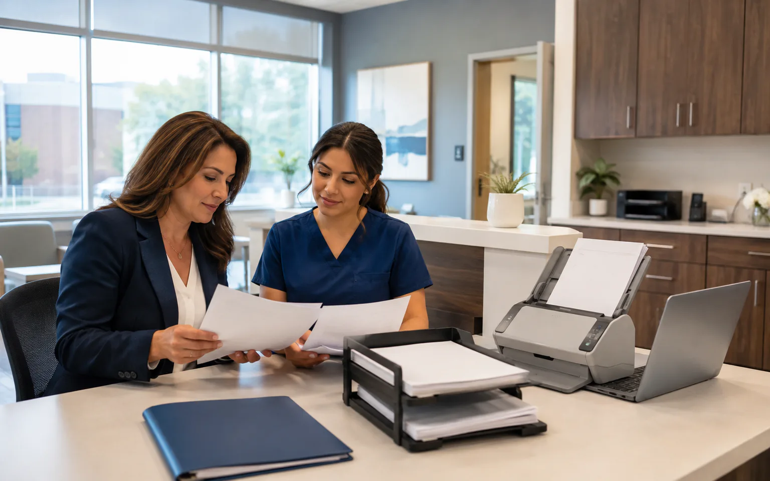 Medical-office administrator and clinical staff member preparing documents together beside a scanner and laptop