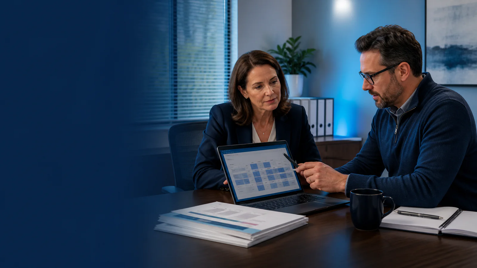 A medical-practice administrator and IT specialist reviewing technical safeguard evidence together