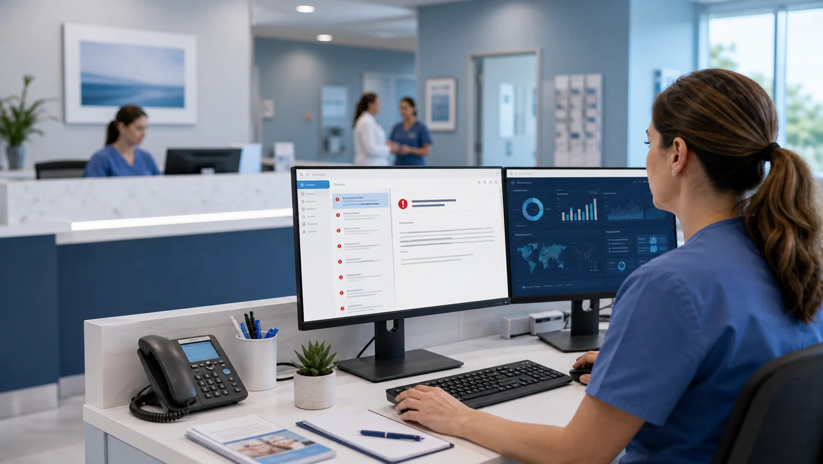 Healthcare office workstation showing email security and phishing awareness workflow