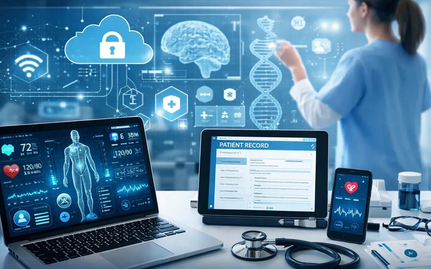 Medical office workspace with healthcare IT equipment and monitors