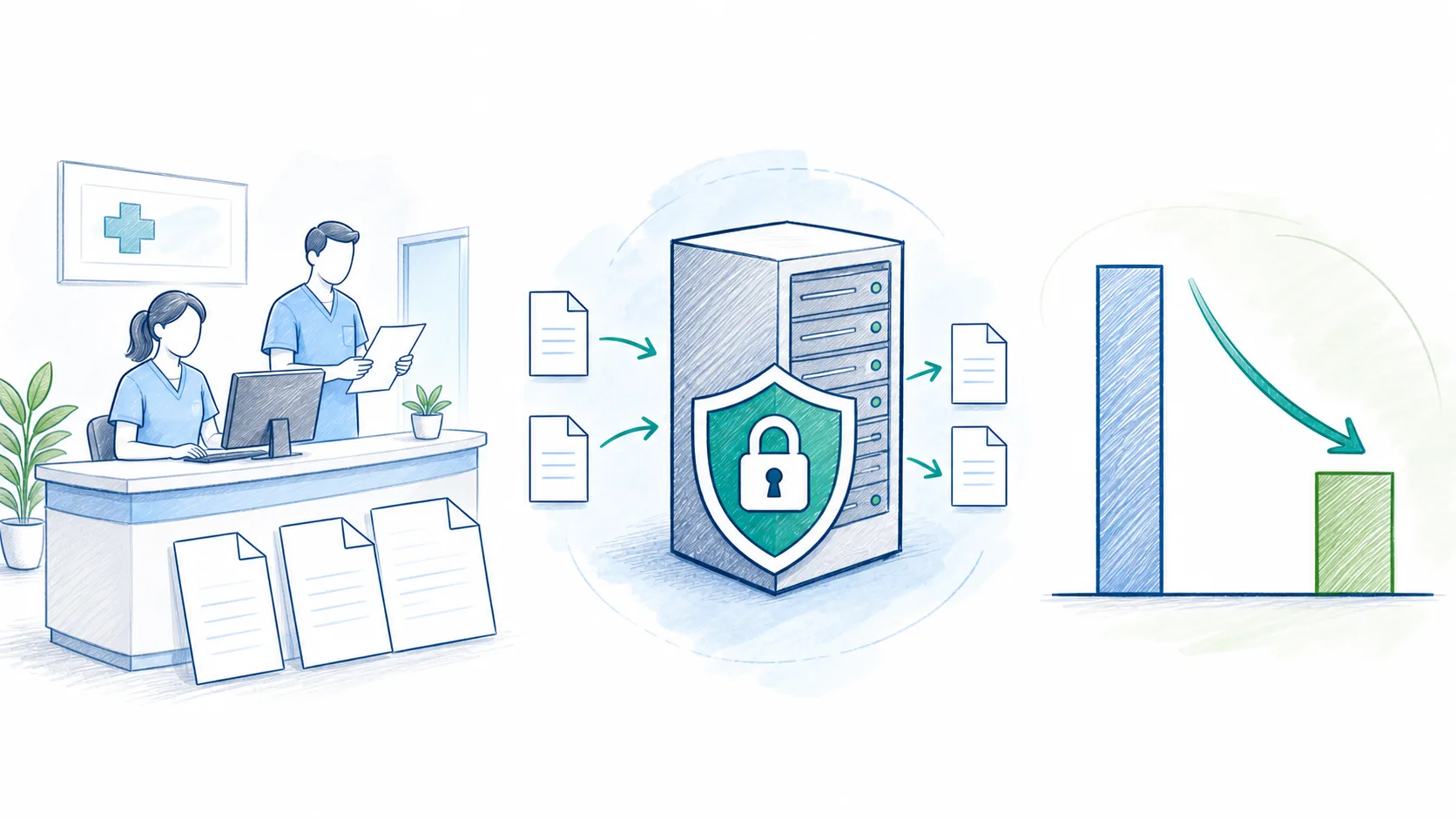 Clean sketch comparing PDF license cost pressure with a private self-hosted PDF workflow for medical practices