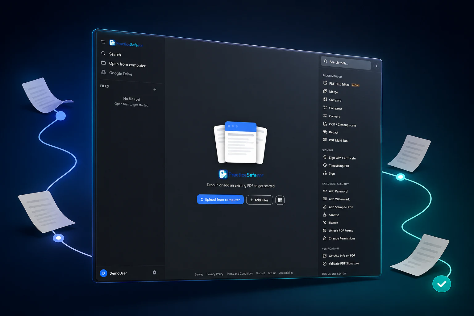 PracticeSafe PDF workspace presented as a connected document workflow product visual