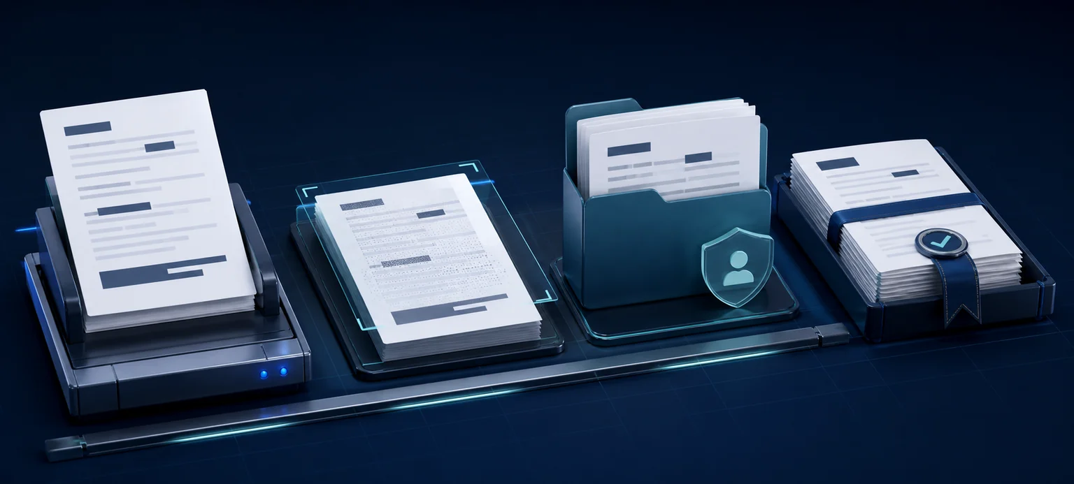 De-identified documents moving through preparation, controlled handoff, and retained-record stages in the PracticeSafe PDF workflow