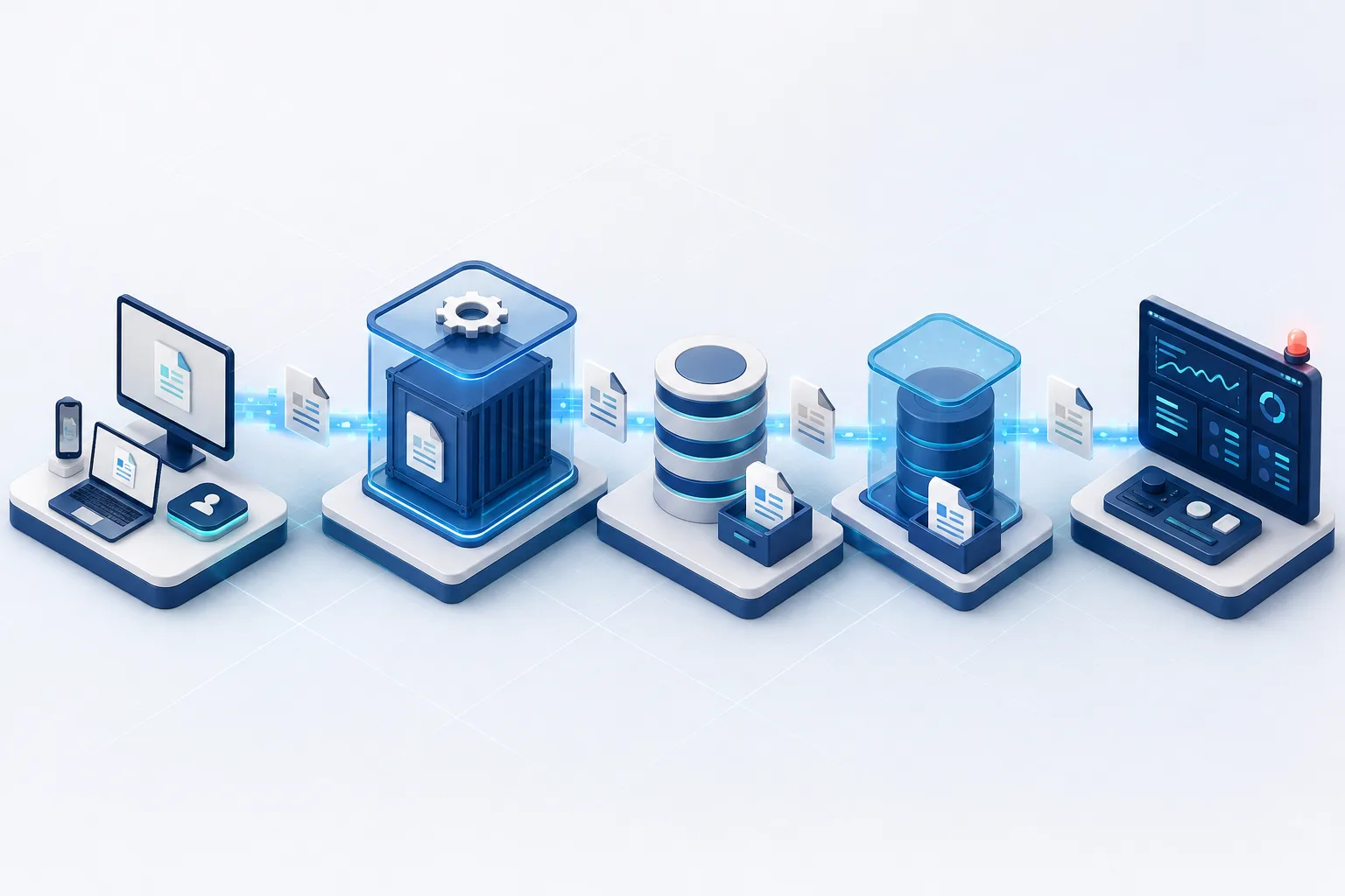Conceptual managed-service stack connecting staff access, private PDF processing, storage and backup, and monitoring