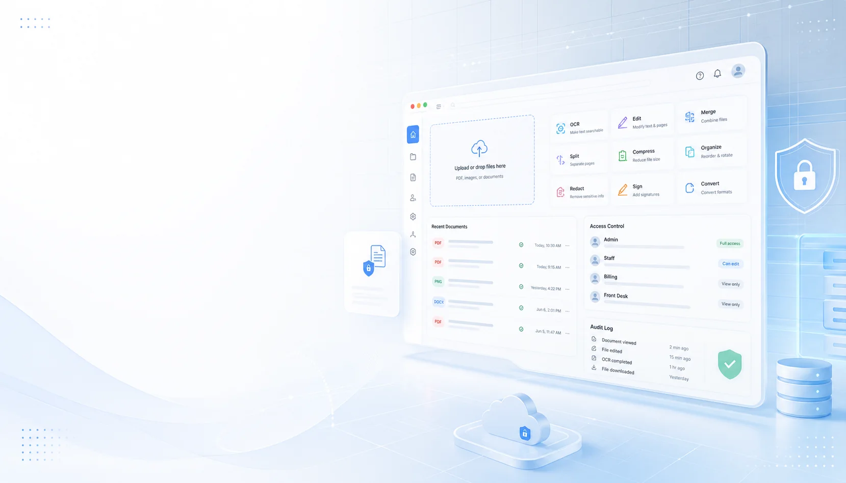 PracticeSafe PDF workspace preview with upload, OCR, editing, access controls, and audit tools