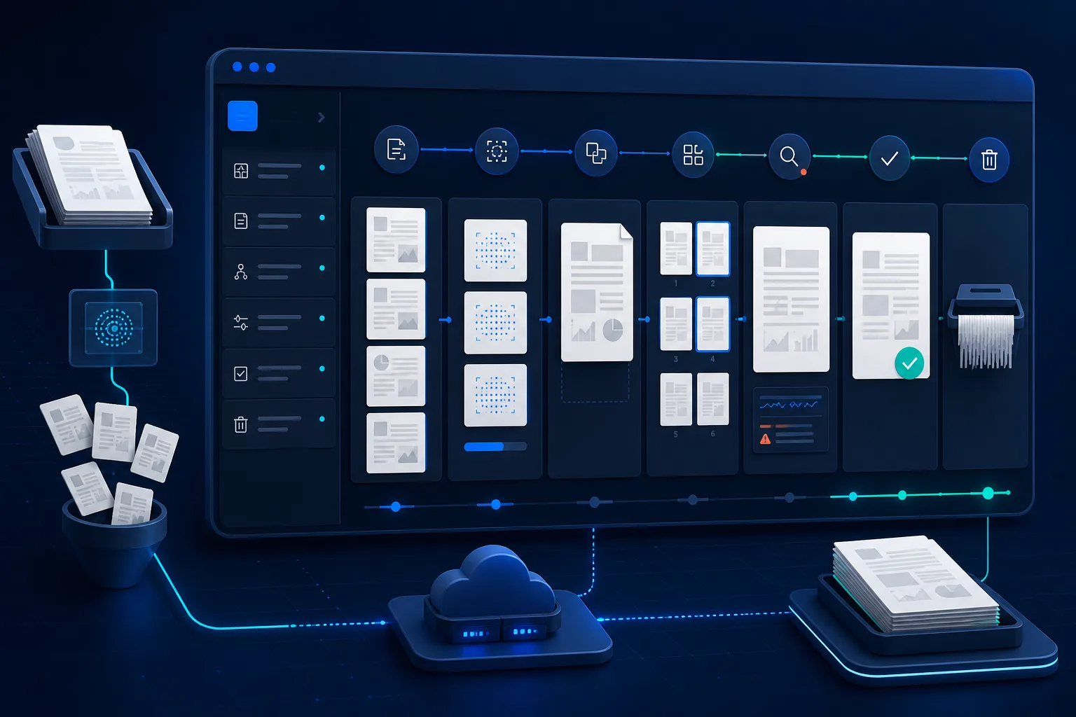 Conceptual private PracticeSafe PDF workbench showing documents moving through preparation, review, approved output, and cleanup